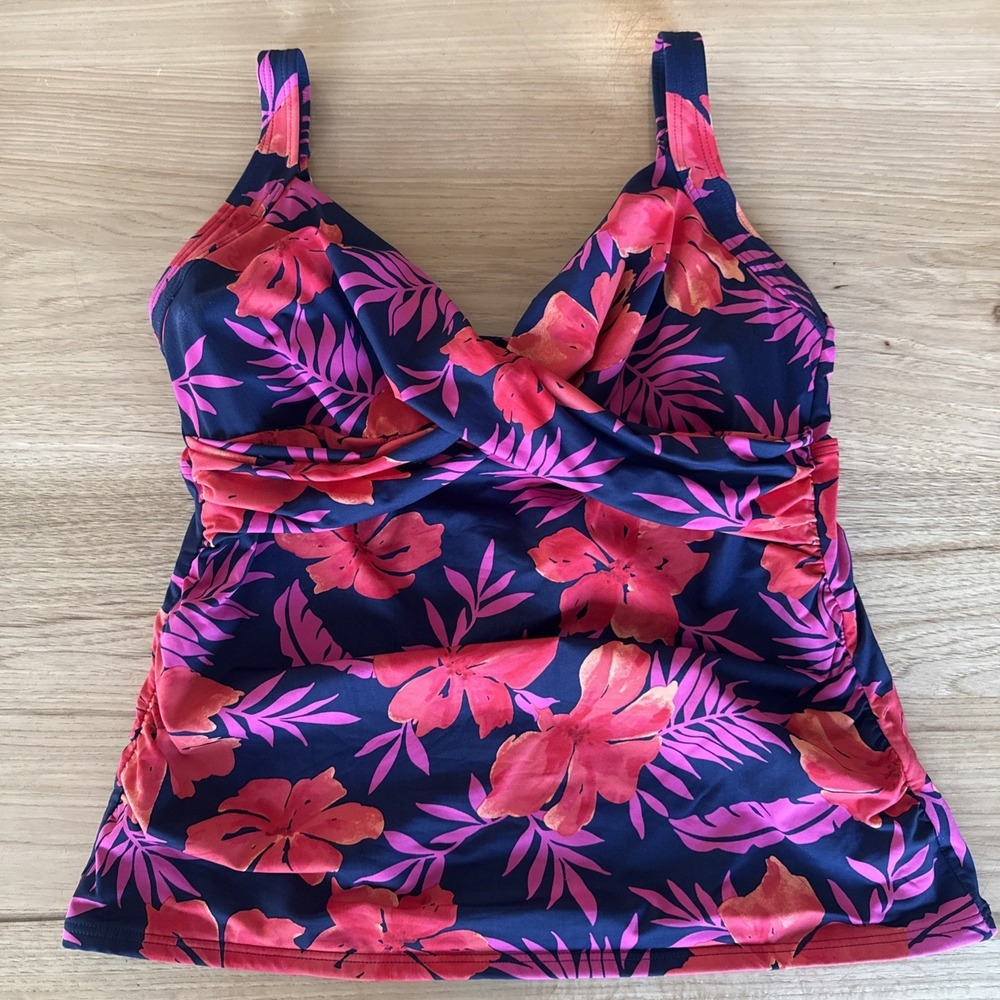 Lands End Tankini Swim Top 12 P Pink Red Floral Faux Wrap Underwire Tropical
